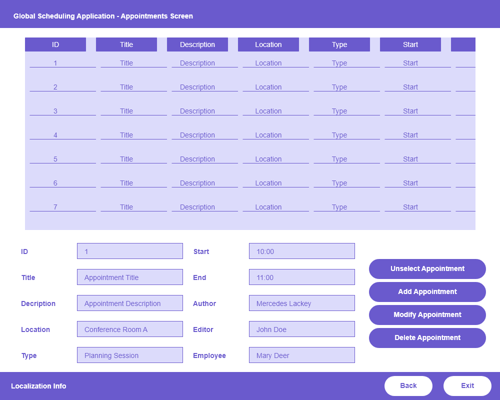 The high fidelity mockup for the appointment screen